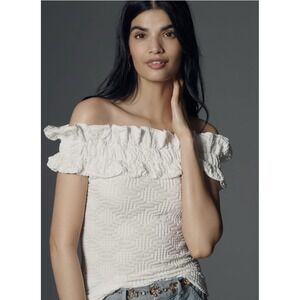 Anthropologie Maeve Ivory Size Small Textured Off The Shoulder Ruffle Top